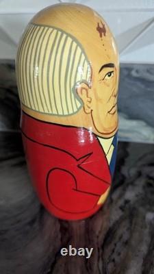 Signed Russian Political Nesting Dolls 7pc. Set, Yeltsin, Gorbachev, Lenin, Stalin
