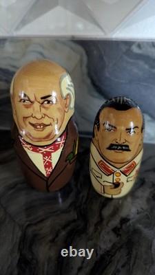 Signed Russian Political Nesting Dolls 7pc. Set, Yeltsin, Gorbachev, Lenin, Stalin