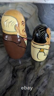 Signed Russian Political Nesting Dolls 7pc. Set, Yeltsin, Gorbachev, Lenin, Stalin