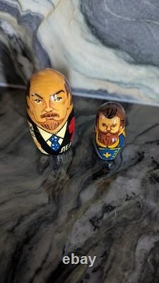 Signed Russian Political Nesting Dolls 7pc. Set, Yeltsin, Gorbachev, Lenin, Stalin