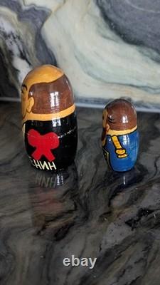 Signed Russian Political Nesting Dolls 7pc. Set, Yeltsin, Gorbachev, Lenin, Stalin