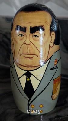 Signed Russian Political Nesting Dolls 7pc. Set, Yeltsin, Gorbachev, Lenin, Stalin