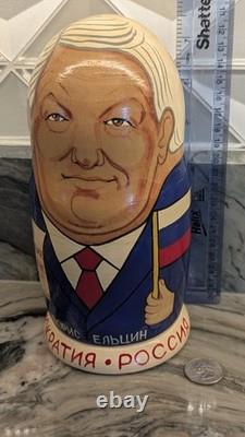 Signed Russian Political Nesting Dolls 7pc. Set, Yeltsin, Gorbachev, Lenin, Stalin
