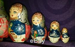 Snow 7 Piece Russian Babushka Nesting Doll Stacking Toy Matryoshka Set Signed