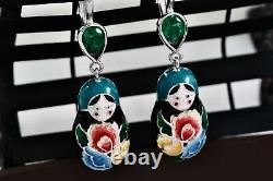 Sokolov Sterling Silver Enamel Green CZ Matryoshka Nesting Dolls 1.25 Earrings