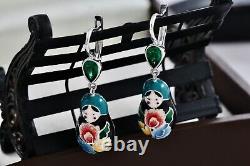 Sokolov Sterling Silver Enamel Green CZ Matryoshka Nesting Dolls 1.25 Earrings