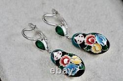 Sokolov Sterling Silver Enamel Green CZ Matryoshka Nesting Dolls 1.25 Earrings