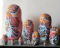 Soviet Morozko (Frosty) fairy tale scenes big russian wooden matryoshka 10 dolls