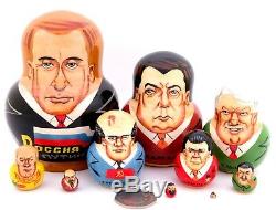 Soviet Russian leader Babushka nesting 10 dolls Putin Yeltsin Gorbachov Brezhnev