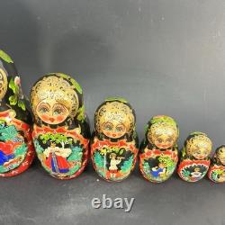 Stunning 9 Hand-Painted 10-Piece Russian Matryoshka Nesting Doll Set Signed
