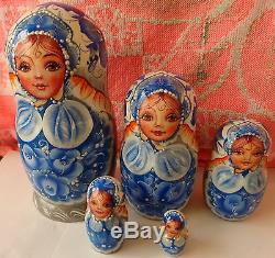 Superb quality GZEL BLUE WOOD Hand painted RUSSIAN NESTING DOLL 5 PCS 6.8