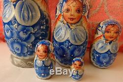 Superb quality GZEL BLUE WOOD Hand painted RUSSIAN NESTING DOLL 5 PCS 6.8