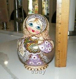 Ten (10) Piece Hand Painted Russian Nesting Dolls Brown Purple Gold Signed