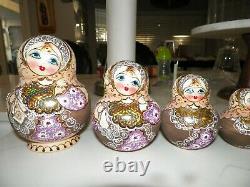 Ten (10) Piece Hand Painted Russian Nesting Dolls Brown Purple Gold Signed