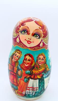 Troika Matryoshka Winter Walks Big Babushka Russian 7 HAND PAINTED nesting dolls