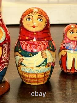 Twin Birth Red Headed Rare Signed Russian Handmade 5 Pce Matryoshka Nesting Doll