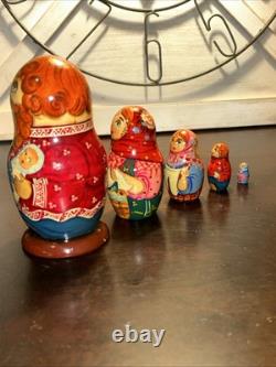 Twin Birth Red Headed Rare Signed Russian Handmade 5 Pce Matryoshka Nesting Doll