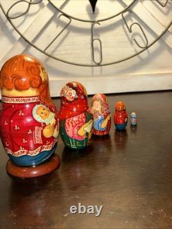 Twin Birth Red Headed Rare Signed Russian Handmade 5 Pce Matryoshka Nesting Doll