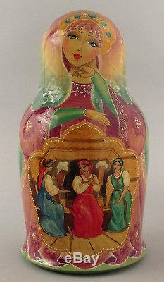 UNIQUE RUSSIAN FEDOSKINO STYLE NESTING DOLL TSAR SALTAN 5 PC SIGN 90-s