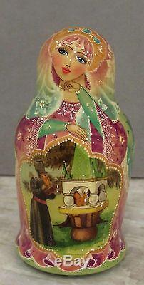 UNIQUE RUSSIAN FEDOSKINO STYLE NESTING DOLL TSAR SALTAN 5 PC SIGN 90-s