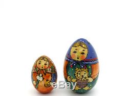 UNIQUE Russian nesting dolls 5 HAND PAINTED EGG Martryoshka & Teddy TOYS RYABOVA