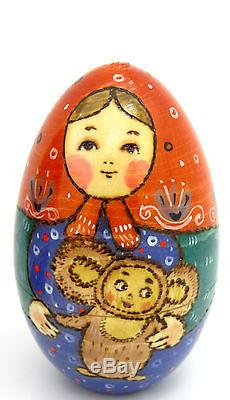 UNIQUE Russian nesting dolls 5 HAND PAINTED EGG Martryoshka & Teddy TOYS RYABOVA