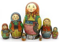 UNIQUE Russian stacking dolls 7 HAND PAINTED BIG Babushka Chicken RYABOVA signed