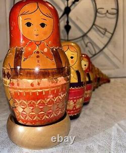 USSR Vintage Traditional Embellished 10 Pce Matryoshka Nesting Doll with Wood Base