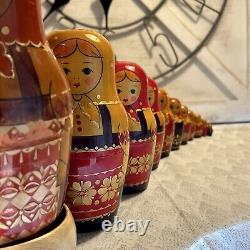 USSR Vintage Traditional Embellished 10 Pce Matryoshka Nesting Doll with Wood Base