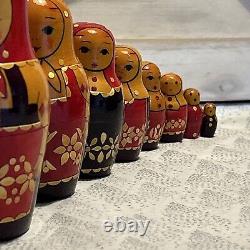 USSR Vintage Traditional Embellished 10 Pce Matryoshka Nesting Doll with Wood Base