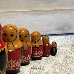 USSR Vintage Traditional Embellished 10 Pce Matryoshka Nesting Doll with Wood Base