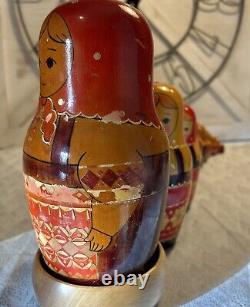 USSR Vintage Traditional Embellished 10 Pce Matryoshka Nesting Doll with Wood Base