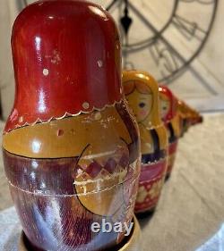USSR Vintage Traditional Embellished 10 Pce Matryoshka Nesting Doll with Wood Base