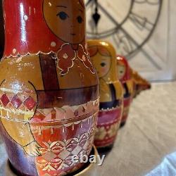 USSR Vintage Traditional Embellished 10 Pce Matryoshka Nesting Doll with Wood Base