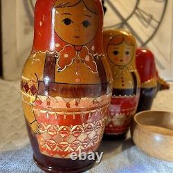 USSR Vintage Traditional Embellished 10 Pce Matryoshka Nesting Doll with Wood Base
