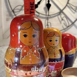 USSR Vintage Traditional Embellished 10 Pce Matryoshka Nesting Doll with Wood Base