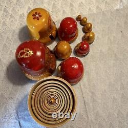 USSR Vintage Traditional Embellished 10 Pce Matryoshka Nesting Doll with Wood Base