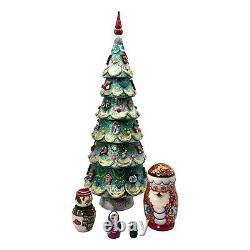 Unique Gold Christmas Tree Santa Nesting dolls Hand Carved Hand Painted