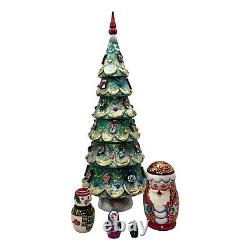 Unique Gold Christmas Tree Santa Nesting dolls Hand Carved Hand Painted