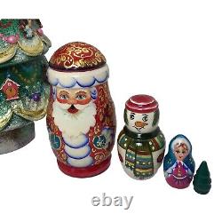 Unique Gold Christmas Tree Santa Nesting dolls Hand Carved Hand Painted