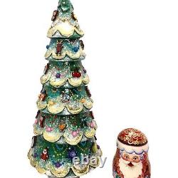 Unique Gold Christmas Tree Santa Nesting dolls Hand Carved Hand Painted