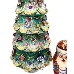 Unique Gold Christmas Tree Santa Nesting dolls Hand Carved Hand Painted