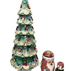 Unique Gold Christmas Tree Santa Nesting dolls Hand Carved Hand Painted