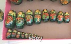 Unique Hand Painted Lacquer Wood Russian Nesting Dolls Set of 29 Signed 16 Tall