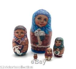 Unique Russian Girl with Baby Rabbit Nesting DOLL Hand Painted Babushka