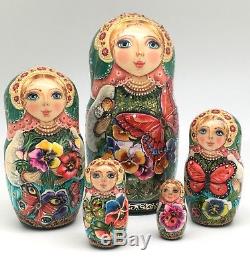 Unique Russian Nesting DOLL Butterflies and Pansies Hand Painted Babushka