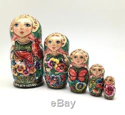 Unique Russian Nesting DOLL Butterflies and Pansies Hand Painted Babushka