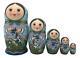 Unique Russian Nesting Doll Hand Painted Blue Lavender Babushka Set Of 5 Signed