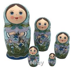 Unique Russian Nesting DOLL Hand Painted Blue Lavender Babushka set of 5 Signed