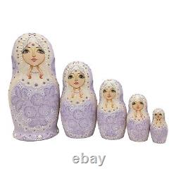 Unique Russian Nesting DOLL Hand Painted Lavender Matryoshka Set of 5 Signed